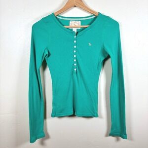 VTG Y2K Abercrombie & Fitch‎ Ribbed L/S Fitted Henley Top Juniors M Green Moose